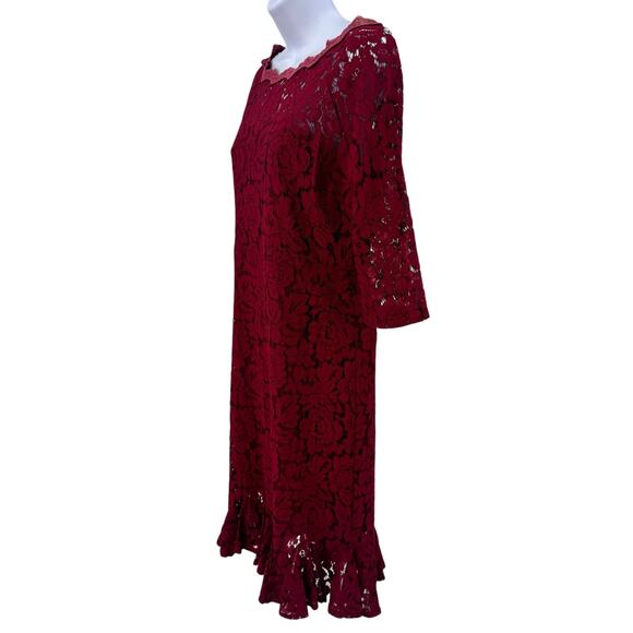 Xingchenkaiyi Red Lace Sheath Dress Womens XL 3/4 Sleeve Ruffle Hem Boat Neck - Picture 5 of 8
